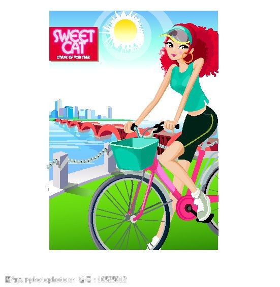 假日休闲女性女孩坐自行车矢量图图片