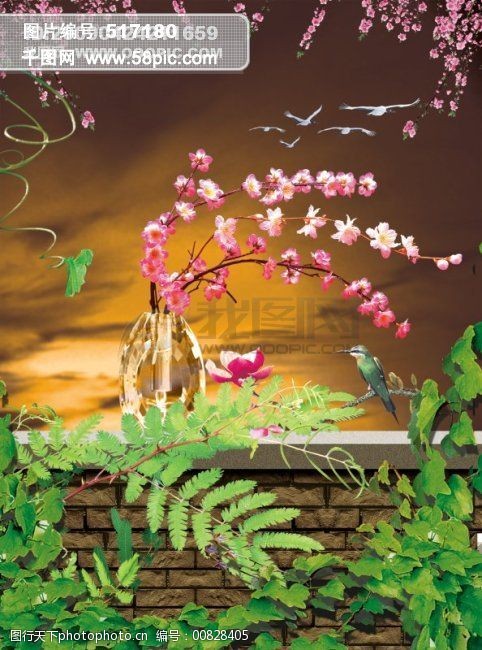 庭院花瓶花花朵风景景色树叶墙古典背景底图素材天空小鸟大雁动物