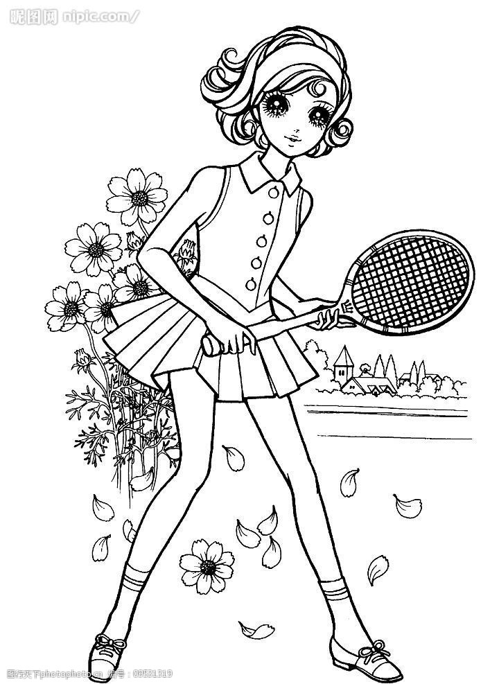 卡通少女打網球填色插畫图片
